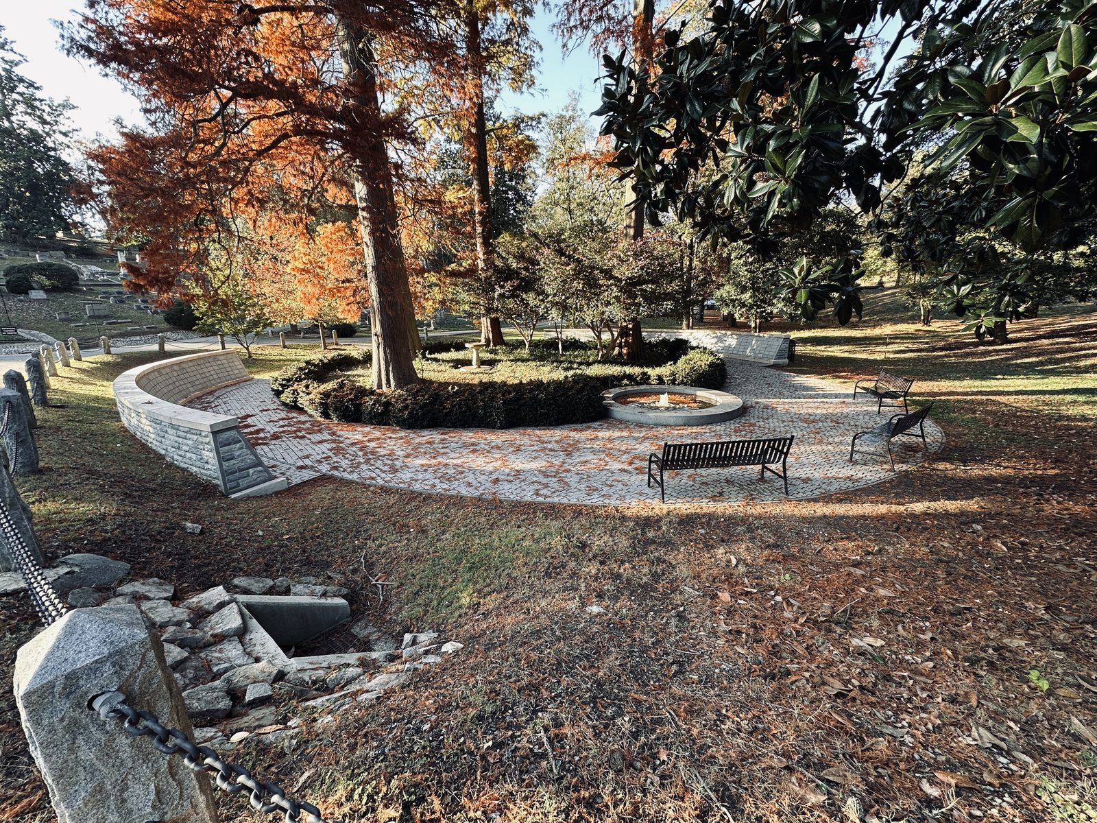 Autumn trees, memorials, and paths in Hollywood Cemetery